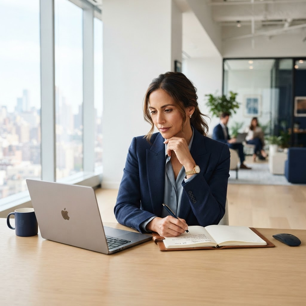 A technology consultant reviewing a plan on a laptop in a bright modern office